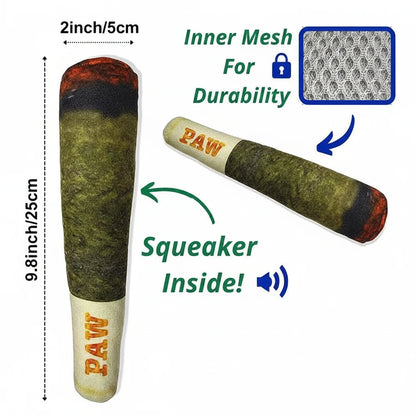 Pet toy with inner mesh and squeaker, labeled 'PAW', showing dimensions and durability features.
