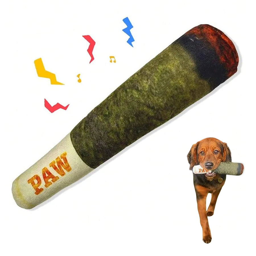 Dog toy shaped like a cigar with 'PAW' branding, featuring a dog holding the toy.