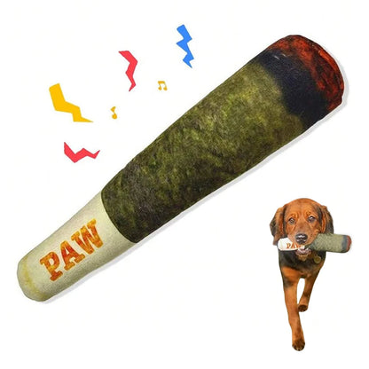 Dog toy shaped like a cigar with 'PAW' branding, featuring a dog holding the toy.