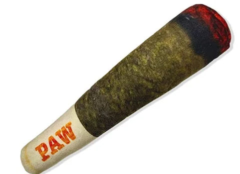 Dog toy resembling a joint with 'PAW' branding on a white background